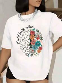 Women's T-Shirt With Brain And Flower Print, Round Neck, Short Sleeves, For Casual Wear, For Mental Health Awareness Day And Everyday Use, 220g - 白色的 - 查看 5