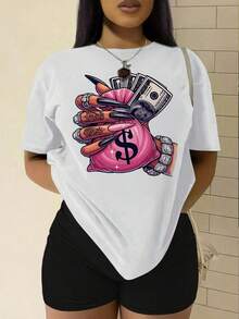 This Graphic Tee Features A Dropped Shoulder Design, Short Sleeves, And A Crew Neck. It's A Casual Women's Garment, Suitable For Spring And Summer, Made From A Breathable, Sweat-Wicking, And Soft Fabric. It's Ideal For Everyday Wear, Lounging At Home, And Casual Wear. (Cellular Style T-Shirt For New Year's Eve 2026 Party) - 黑色 - 查看 1