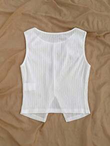 Camiseta de tirantes de mujer de verano informal con textura, lazo decorativo y bajo dividido en contraste de color - Blanco - Ver 2