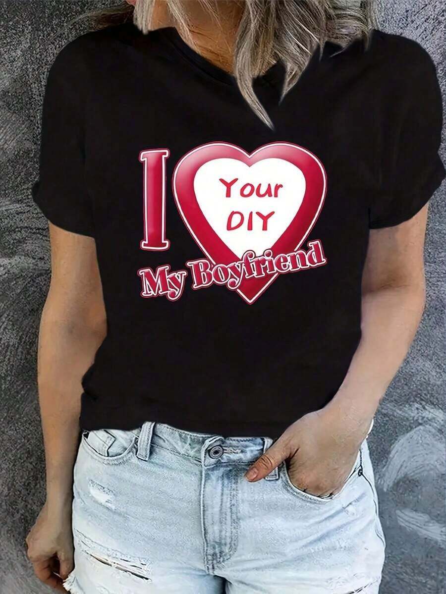 Soft 100% Cotton T-Shirt, Personalized - Add Your Own Text/Images (Badge, Company Logo, Family Photo, Selfie) To Design Your Own Custom Printed T-Shirt. Add Your Favorite Photos And Text (Girlfriend, Partner, Family, Selfie, Pet, Photos Of Friends) For A Personalized Printed T-Shirt, Suitable For (Anniversary, Wedding Promise, Engagement, Couple Formation), Suitable For Group Customization For Best Friends/Sisters, Suitable For Daily Wear/Wedding Party/Company Meeting/Family Reunion, Christmas Gift, Mother's Day, Father's Day, Chic Autumn Style, Chic Utilitarian Style, New Autumn Style For Women, Graphic Print, Casual Wear, Summer White T-Shirt, Eternal Love. Breathable Cotton T-Shirt, Goes With Everything. - 黑色 2 - 查看 1