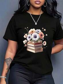 Soft 100% Cotton T-Shirt, Casual, Fashionable, Plus Size For Women, Loose Bohemian Print - Black And White Artistic Pattern, Round Neck, Short Sleeve, Breathable And Soft Fabric, Suitable For Both Casual And Formal Wear, A Gift For Book Lovers, A Must-Have Item For Spring, Machine Washable, Comfortable, Loose, Breathable Cotton T-Shirt, Goes With Everything. - 黑色 - 查看 2