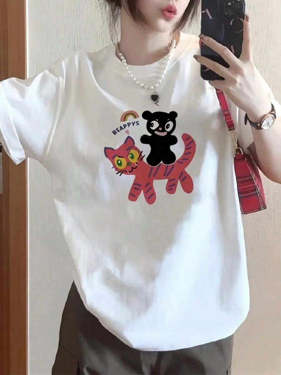 1 Piece Of Women's T-Shirt With Fu Character Print And Cute Numbers, Korean-Chinese Style, Casual Summer Party T-Shirt, Casual Outfit, Short Sleeve, Round Neck, White Top, 180g, 100% Cotton. - 白色 - 查看 1