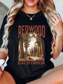 1 Women's Vintage T-Shirt With California National Forest Print In Red. | Soft Blend, High Elasticity, Retro Y2K Outdoor Design, Redwood Tree And Forest Print, Regular Fit, Short Sleeves, Casual T-Shirt, Suitable For Spring And Autumn, 180g 100% Cotton. - 黑色 - 查看 1
