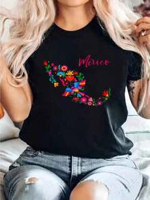 1 Piece Of Women's Cotton Graphic T-Shirt, Mexico Map Design, Floral, Otomi, Mexican Embroidery, Bird Design, Y2K T-Shirt, Men's T-Shirt, Summer Tops, 180g, 100% Cotton. - 黑色 - 查看 9