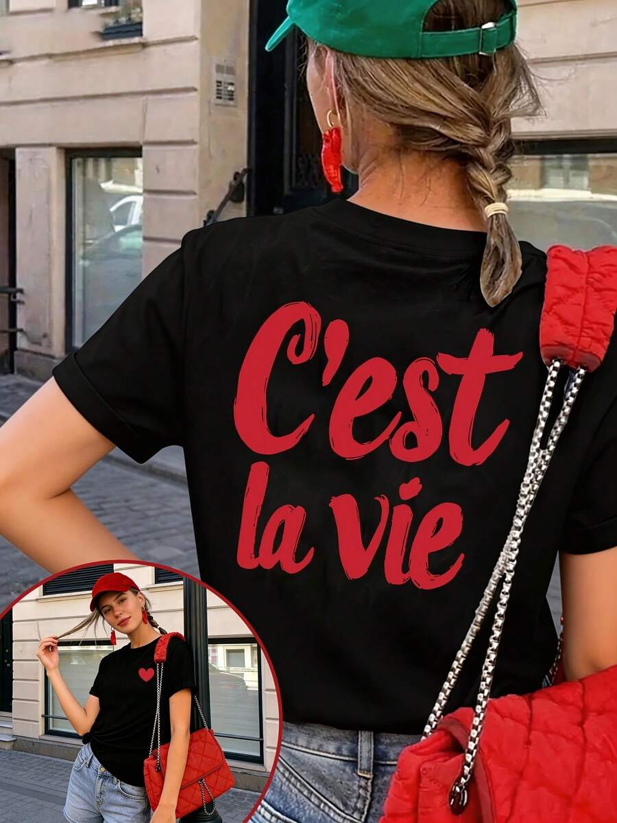 Women's Short-Sleeved T-Shirt With Front And Back Prints, European And American Style Letter Print, Round Neck, Loose Fit, Sexy, Sweet, And Beautiful For Women, Modern And Simple Design T-Shirt, Suitable For Women To Wear On Dates And Dinners, Urban Style Short-Sleeved T-Shirt For Women, Lightweight And Breathable Fabric. LWVB - 黑色 - 查看 1