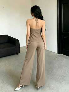 Conjunto de top halter y pantalones de color café claro, estilo sencillo para ir al trabajo - Caqui - Ver 2