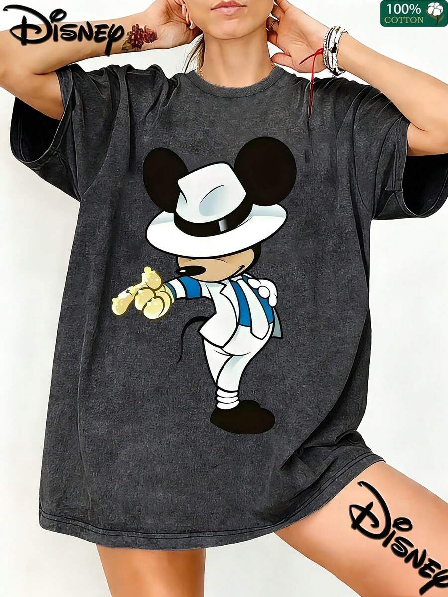 Disney Women's 100% Cotton Printed T-Shirt Featuring A Mickey Mouse Design; Loose Fit, Made From Soft, Comfortable And Breathable Fabric, Combining Comfort With A Stylish Streetwear Look-The Perfect Gift.Disney Clothes Women,Disney T Shirt Women, - màu đen - Xem 1