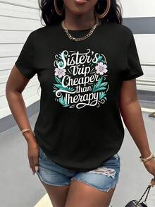 Women's T-Shirt Made Of Pure Cotton, With A Relaxed, Casual Style. Traveling With Sisters Is Cheaper Than Seeking Psychological Counseling. This Printed T-Shirt Features Short Sleeves, A Round Neck, And Is A Modern, Fashionable, And Versatile Piece Of Women's Clothing. It's Essential For Summer Trips And Vacations, And Also Suitable For Casual Everyday Wear At Home. It Makes A Great Gift. - 黑色 - 查看 1