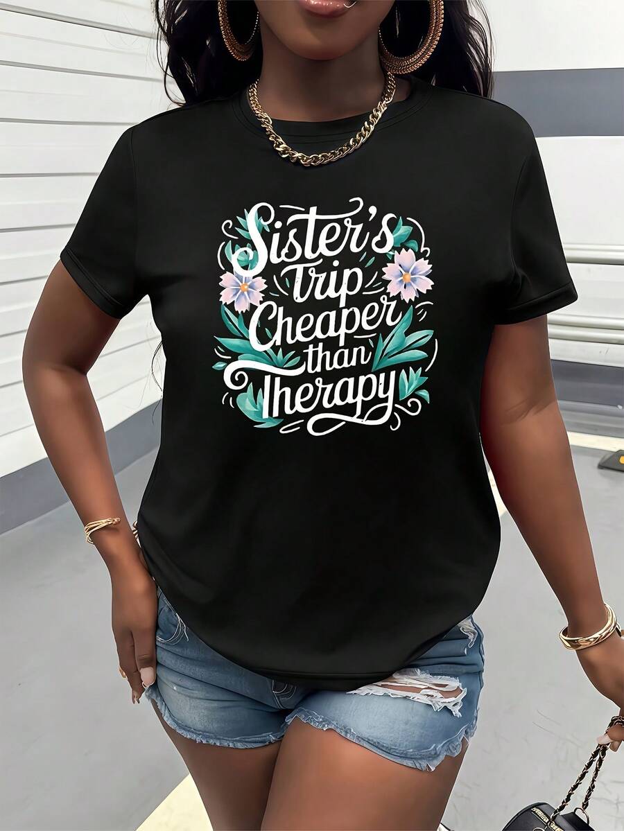 Women's T-Shirt Made Of Pure Cotton, With A Relaxed, Casual Style. Traveling With Sisters Is Cheaper Than Seeking Psychological Counseling. This Printed T-Shirt Features Short Sleeves, A Round Neck, And Is A Modern, Fashionable, And Versatile Piece Of Women's Clothing. It's Essential For Summer Trips And Vacations, And Also Suitable For Casual Everyday Wear At Home. It Makes A Great Gift. - 黑色 - 查看 1