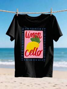 Summer Tops: Summer Limoncello Lemon Graphic T-Shirt For Women, Casual, Drop Shoulder, Short Sleeve, Loose Fit, 2 Colors, Cotton. - Black - View 2