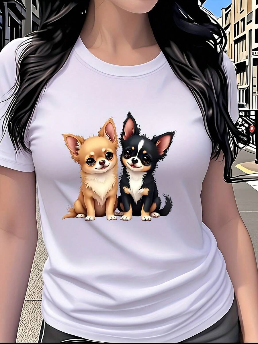 Women's Pure Cotton Short-Sleeved T-Shirt With A Chihuahua Cartoon Print, Sweet And Youthful, Fashionable And Versatile, Suitable For Casual Wear At Home, Travel, Dates, Daily Wear And As A Great Gift Choice. - 白色 - 查看 1