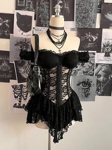 Vestido mini asimétrico de mujer con corsé de encaje y estilo vintage, adecuado para Y2K - Negro - Ver 7
