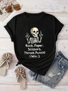 Women's Casual T-Shirt With Round Neck, Skull Game Print, Skeletal Hand Design And "Rock, Paper Or Scissors" Motif, Short Sleeve, Spring/Summer Sportswear, Vacation Style, Machine Washable, Stretch Fabric - 黑色 - 查看 1