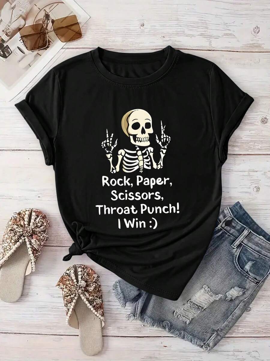 Women's Casual T-Shirt With Round Neck, Skull Game Print, Skeletal Hand Design And "Rock, Paper Or Scissors" Motif, Short Sleeve, Spring/Summer Sportswear, Vacation Style, Machine Washable, Stretch Fabric - 黑色 - 查看 1