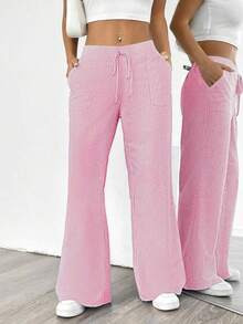 Pantalones sueltos para mujer con rayas azules de tiro bajo para vacaciones y uso informal - Rosa Chicle - Ver 7