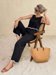 Conjunto de 2 piezas de top de tirantes y pantalones casuales para mujer - Negro - Ver 5
