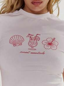 Camiseta casual de manga corta con cintura ceñida, parte de un armario cápsula para uso diario, aeropuerto, vacaciones, vuelta al colegio, elegante para primavera y verano - Multicolor - Ver 6