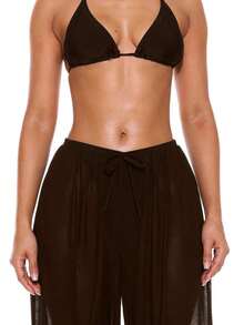 Pantalones anchos con cordón frontal de tiro bajo, prenda de vestir para cubrir en verano, primavera, vacaciones, vacaciones, club sexy, Ibiza, ropa de playa, nanotecnología, techno, otoño, color sólido - Marrón Chocolate - Ver 5