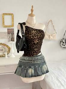 Camiseta de tirantes con hebilla metálica y estampado de leopardo asimétrico en el hombro, estilo sexy y explosivo para mujer - Multicolor - Ver 7