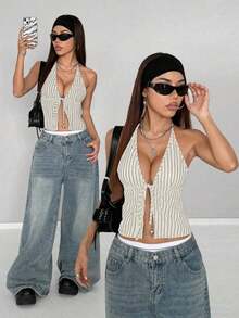 Top sin espalda con envoltorio y rayas para mujer - Beis - Ver 1