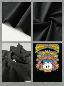 Gráfico colorido con pato mostrando expresión divertida rodeado de formas geométricas y luces que simbolizan alegría y familia camiseta de mujer casual cómoda ideal para uso diario - Negro - Ver 4