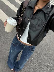 Women's Autumn Clothing, Short PU Leather Jacket With Lapel Detail And Drop Shoulders, Casual Button Jacket With Drop Shoulder Collar, Regular Fit, Solid Color, Suitable For Daily Wear. - 黑色 - 查看 4