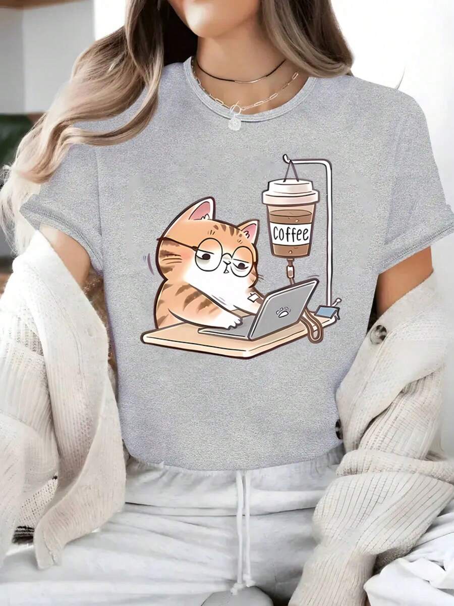 Women's Short-Sleeved T-Shirt With Cartoon Cat Print, Fashionable, For Work - Light Grey - View 1