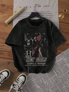 Black Short-Sleeved T-Shirt With Round Neck, Gothic Rock Music Graphic Print, Summer, Simple And Casual For Everyday Wear, Plus Size, Washed - Black - View 2