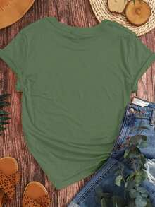 Women's Plus Size Loose Fit T-Shirt, Short Sleeve T-Shirt With Motivational Quote Print, Daisy Flower Print, Comfortable Printed T-Shirt. - 橄欖綠 - 查看 2