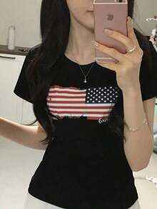 Women's Short-Sleeved T-Shirt, Round Neck, Loose Fit For Summer - 黑色 - 查看 2