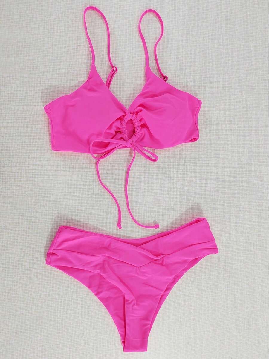 Two-Piece Swimsuit With Neck Tie And Multi-Colored Solid Color Design, Women's Bikini. - Hot Pink - View 1