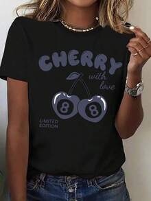 100% Cotton Women's Casual Crew Neck T-Shirt With Cherry With Love Print - Limited Edition, Graphic Tee, White Short Sleeve Blouse For Casual Outfits, White T-Shirt - 黑色 - 查看 1