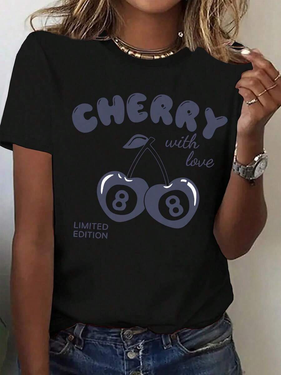 100% Cotton Women's Casual Crew Neck T-Shirt With Cherry With Love Print - Limited Edition, Graphic Tee, White Short Sleeve Blouse For Casual Outfits, White T-Shirt - 黑色 - 查看 1