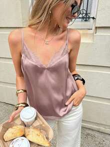 Top de tirantes de estilo minimalista casual con estampado de lunares blancos sobre fondo negro, con aplicaciones de encaje, versátil y retro, adecuado para primavera/verano - Rosa vieja - Ver 4