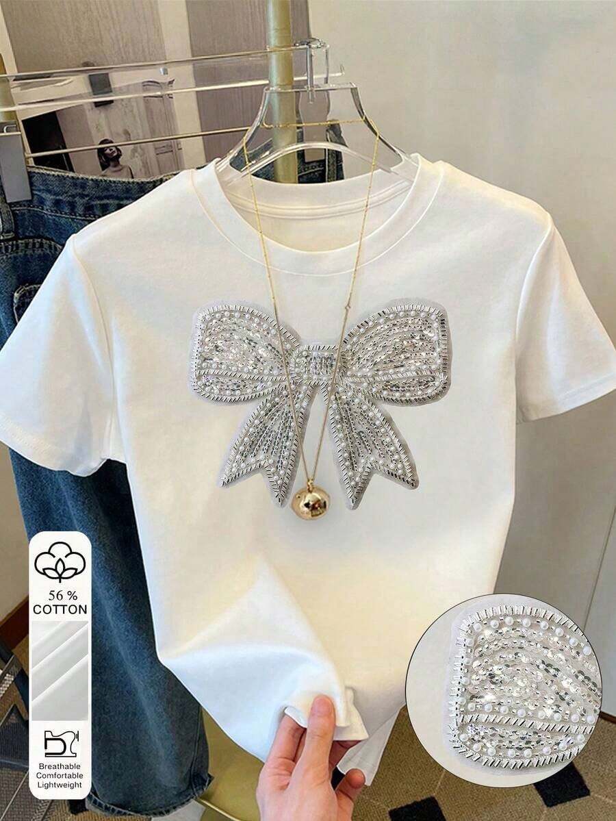 1 pieza Camiseta de cuello redondo de manga corta con adorno de rhinestones minimalista y de moda para mujer, un gran regalo para amigos - Blanco 2 - Ver 1