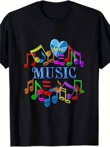 Camiseta Vintage Unisex con Notas Musicales y Corazón - Camiseta Casual de Cuello Redondo con Símbolos Musicales, Adecuada para Conciertos, Ropa Casual, Lavable a Máquina, Para Todo el Año, Corte Regular (No Transparente) - Negro - Ver 6