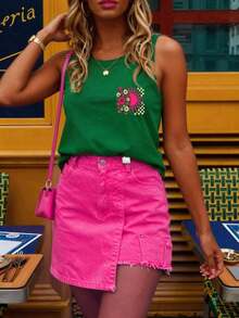 Blusa de ajuste regular casual con estampado, sin mangas para mujer - Verde Oscuro - Ver 2