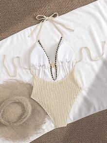 Traje de baño de una pieza con escote en V profundo con corbata en el cuello, decoración de estrella de mar metálica, para mujer, moda de resort y playa - Caqui - Ver 7