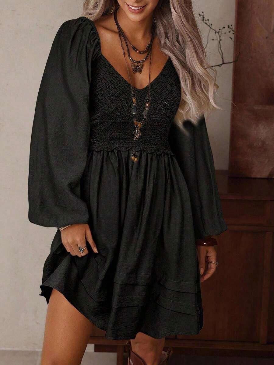 Vestido bohemio de estilo mini con cuello en V, hueco, de ganchillo, parches, manga larga, cintura elástica y bajo suelto, en color albaricoque, para mujer, para otoño/invierno - Negro - Ver 1