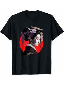 Camiseta de Anime Japonés con Diseño de Geisha en Kimono, Tocado de Glicinia y Sol Levantando - Traje Tradicional de Manga, Ropa Casual de Corte Holgado para Fiestas Temáticas, para todas las estaciones (Unisex) - Negro - Ver 1