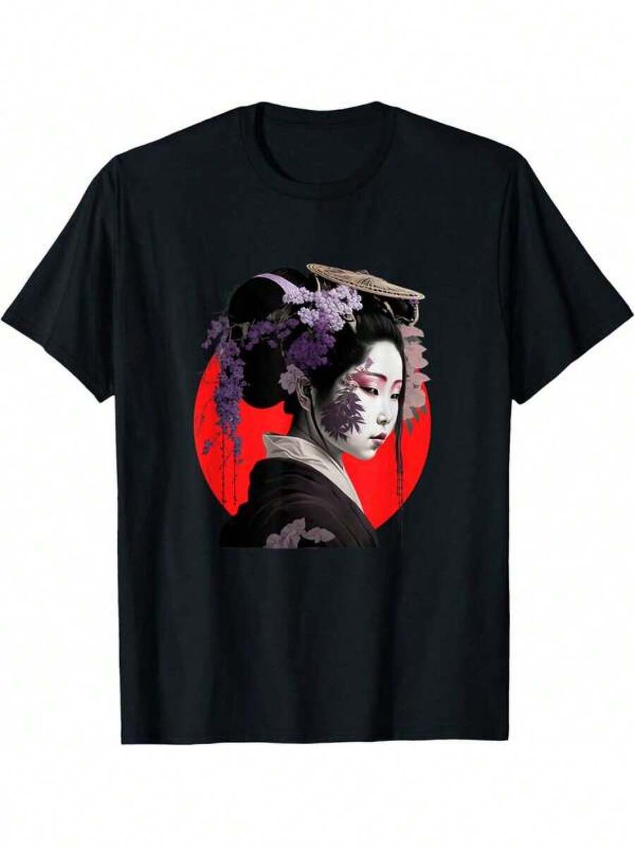 Camiseta de Anime Japonés con Diseño de Geisha en Kimono, Tocado de Glicinia y Sol Levantando - Traje Tradicional de Manga, Ropa Casual de Corte Holgado para Fiestas Temáticas, para todas las estaciones (Unisex) - Negro - Ver 1