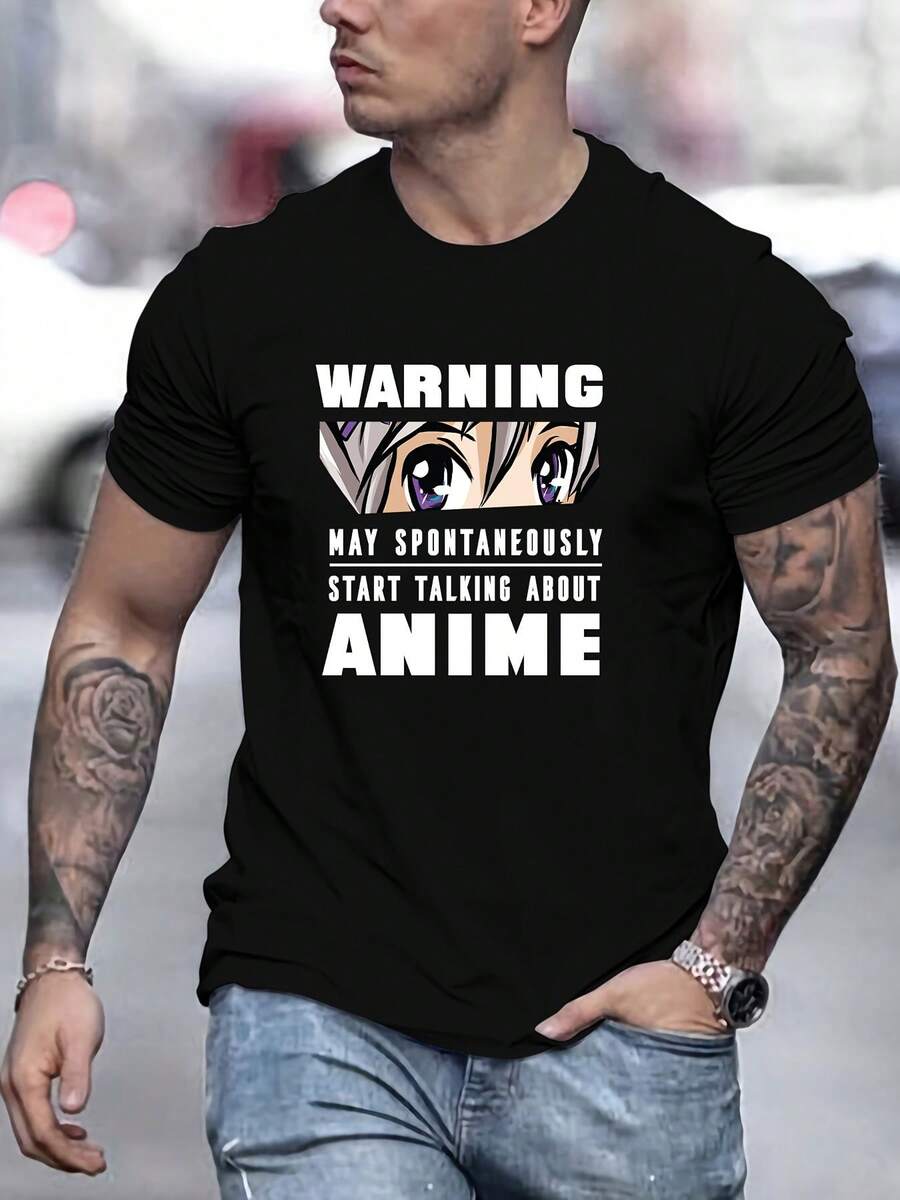 Camiseta Gráfica de Ojos de Anime para Hombre - Camiseta Casual de Manga Corta con Cuello Redondo, Poliéster Transpirable, Uso en Todas las Estaciones, Primavera y Otoño, Estampado - Negro - Ver 1