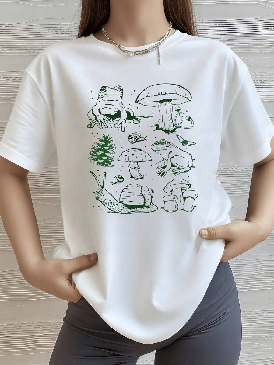 Ranas caracoles hongos y pino que evocan la conexión entre la naturaleza y la serenidad del bosque reflejando equilibrio y vida en cada trazo camiseta de mujer blanca con estampado artístico casual cómoda para uso diario - Blanco - Ver 1