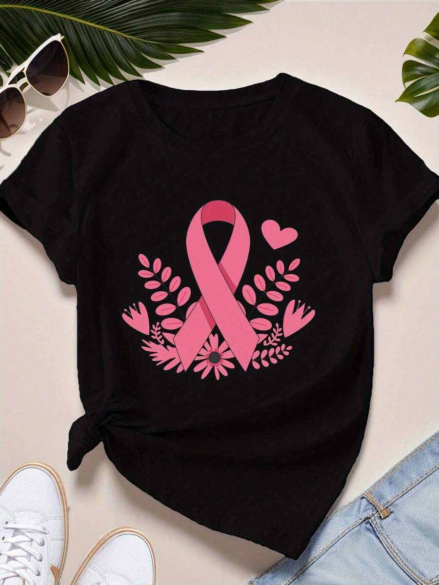 Camiseta deportiva de manga corta de talla para mujer con flores de cinta rosa - Negro - Ver 1