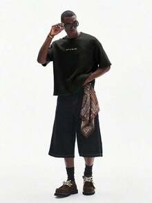 Men's Short Sleeve Crew Neck T-Shirt With Minimalist Print, Olive Green Graphic Tee, Oversized Printed Crop Top For Men, Unisex Washed T-Shirt. Y2K Style, Fashionable Style, Cute Style, Casual Style, Women's Blouses > Clothing. 230g (Sizes S-XXXL) - 6 - 查看 3