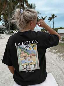 Estilo Y2K, estilo de moda, lo más nuevo de 2026, estilo lindo, estilo casual. Nueva Camiseta de Verano para Mujer, Sencilla y Colorida, con Estampado Gráfico de Letras y Pintura al Óleo, Cuello Redondo, Manga Corta Rosa, Moderna y Versátil, Adecuada para Tops de Mujer, Ropa Casual para Vacaciones y Fiestas de Primavera, 180g (Tallas S-XXXL) - Negro - Ver 5