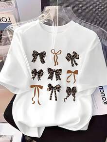 Camiseta de cuello redondo para mujer, estampado de lazos de leopardo y lazos lisos, tonos marrón y negro, estilo retro y moderno, top versátil - Blanco - Ver 1