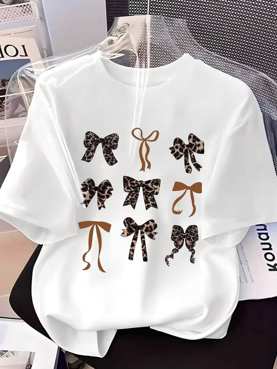 Camiseta de cuello redondo para mujer, estampado de lazos de leopardo y lazos lisos, tonos marrón y negro, estilo retro y moderno, top versátil - Blanco - Ver 1