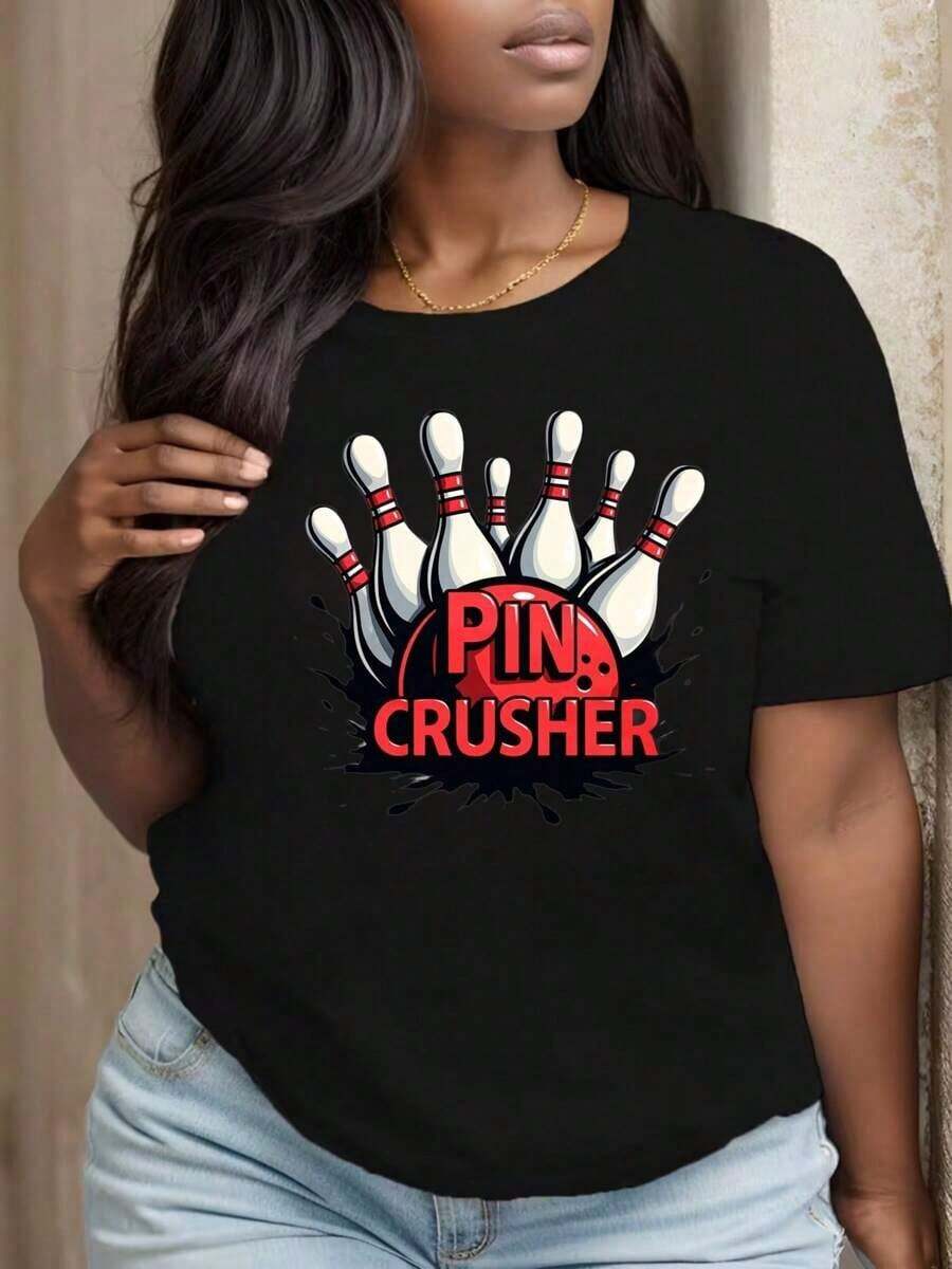 Camiseta de Cuello Redondo Estampada para Mujer, Diseño de Bolas de Bowling Pin Crusher, Ropa para Fiestas y Festivales, Blusas para Mujer - Negro - Ver 1