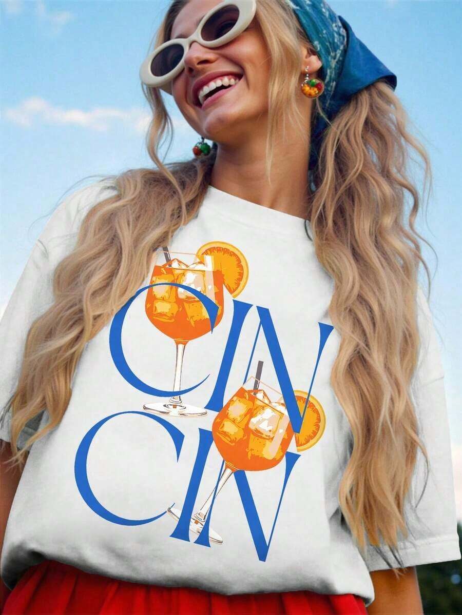 Camiseta Casual de Talla Grande con Estampado de Ramas de Cítricos de Verano, Camiseta Vintage Retro para Mujer - Blanco - Ver 1